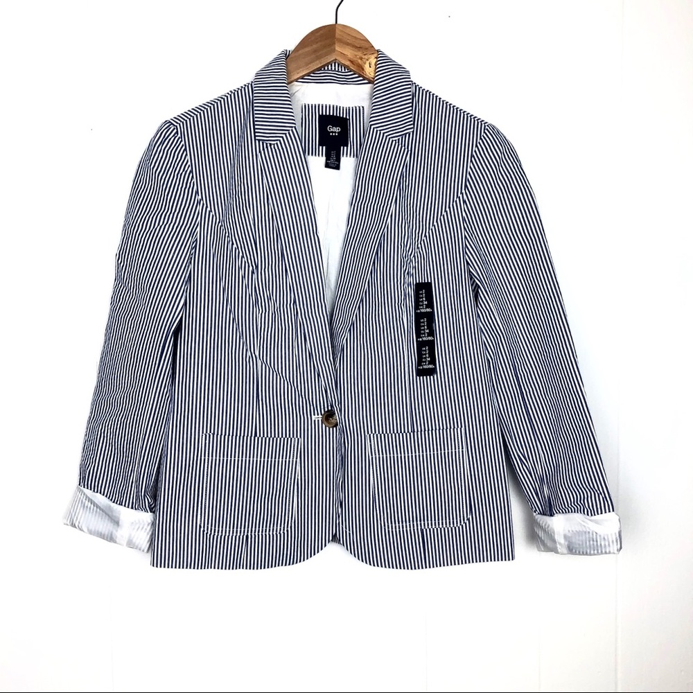 NWT GAP. SEERSUCKER DARCK CHAMBRAY JACKET BLAZER SIZE. 2 - Picture 2 of 16
